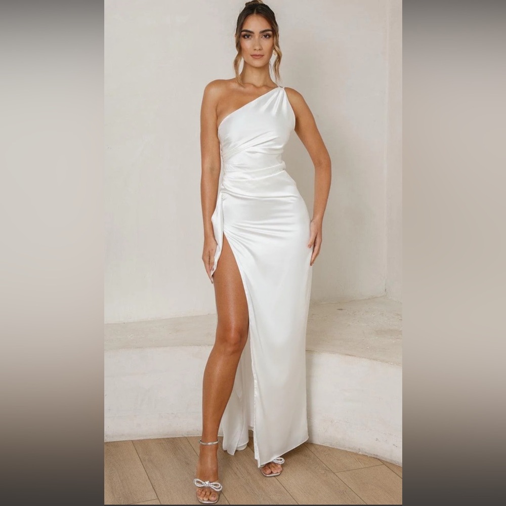 JAUS White Satin Maxi Dress, Bridal, One Shoulder, Slit, Rouching
